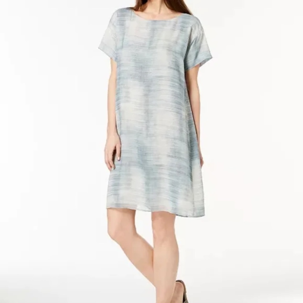 Eileen Fisher Daze Sheer Silk Print Bateau Neck Knee Length Dress Size PS NWT